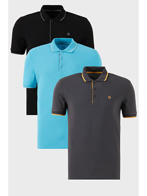 Buratti Pamuklu Slim Fit Şerit Detaylı Düğmeli Polo Yaka 3'lü Paket T Shirt 5902118S3 - S000387096-19948