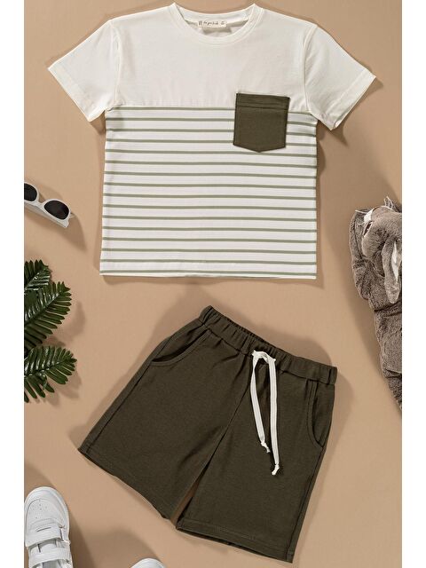 For You Kids Çizgili Garnili Cepli Yeşil Tshirt Şort Takım - S000161649-18194