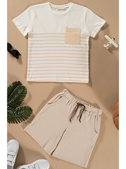 For You Kids Çizgili Garnili Cepli Taş Tshirt Şort Takım - S000161651-25636