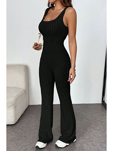 Trendseninle Kadın Siyah Yivli Sırtı Açık İnce Tulum - S000433235-19351