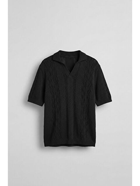 Abluka Online Erkek Oversize Yarım Pat Polo Yaka Desenli Örme T-Shirt Siyah - S000203120-19351