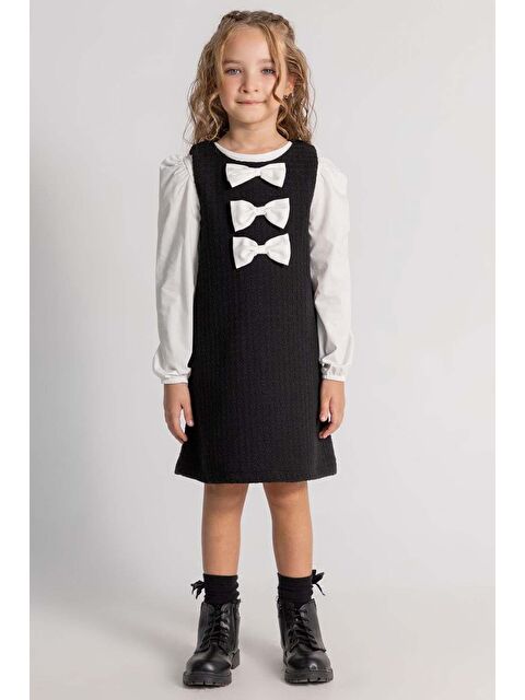 Magu Kız Çocuk Pamuklu Siyah Fiyonk Detaylı Elbise - S000503095-23173