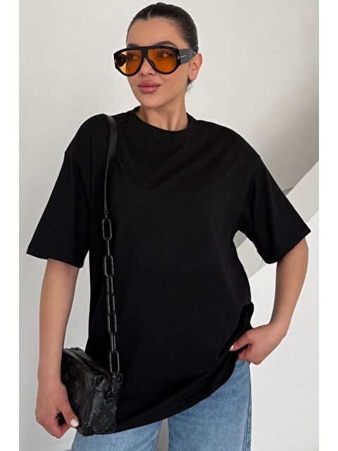 Trendseninle Kadın Siyah Bisiklet Yaka Düz Tişört - S000363196-19351