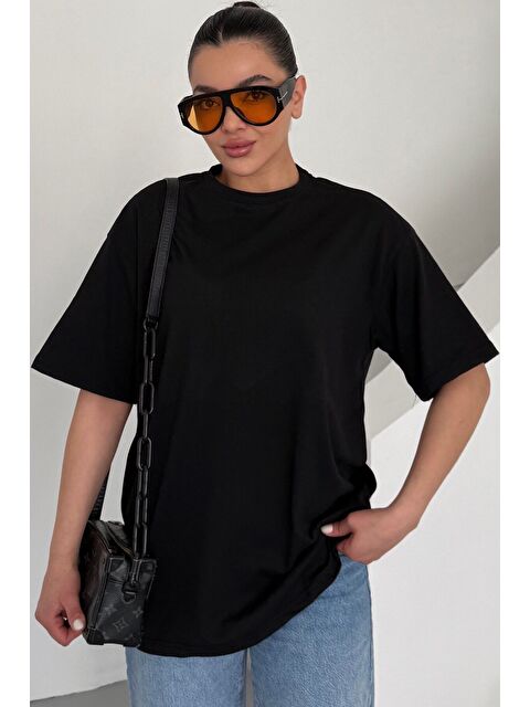 Trendseninle Kadın Siyah Bisiklet Yaka Düz Tişört - S000363196-19351