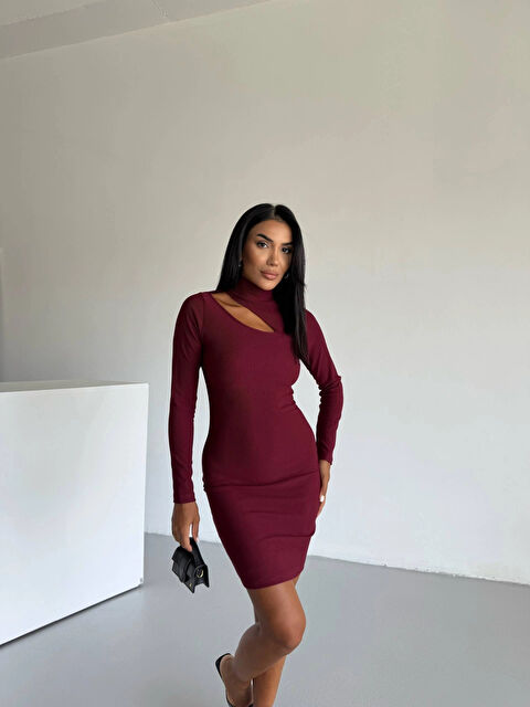 Hazelin Kadın Bordo Boğazlı Uzun Kollu Ottoman Kumaş Elbise HZL25S-FRY123331 - S000432650-19951