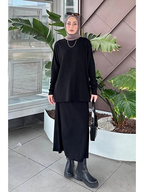 Lamelif Fitilli Triko Etekli Takım Siyah - S000515270-19351