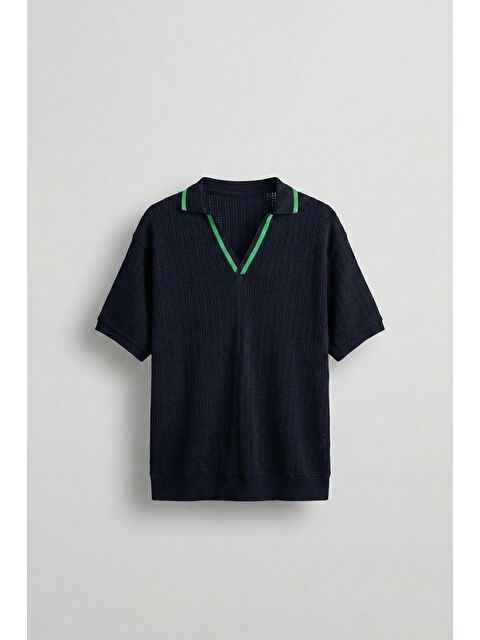 Abluka Online Erkek Yarım Pat Polo V Yaka Desenli Triko T-Shirt Lacivert Yeşil - S000170937-37358