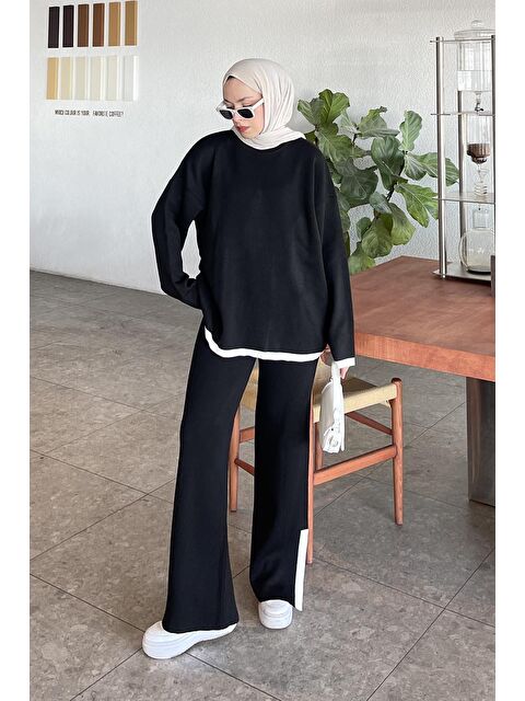 Lamelif Pantolon Yırtmaçlı Triko Takım Siyah - S000515272-19351