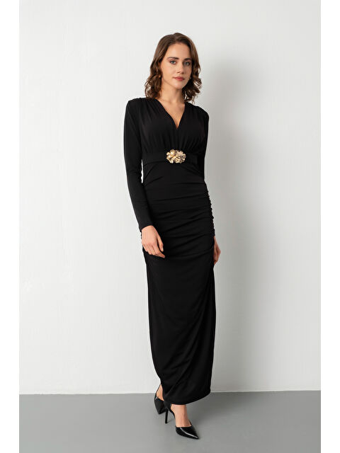 Lafaba Kadın Siyah Kemerli Büzgü Detay Midi Davet Elbisesi - S000491306-19351