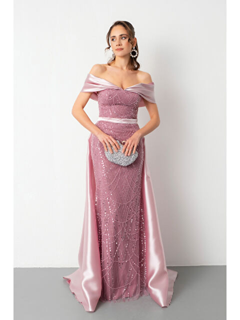 Lafaba Kadın Pudra Kayık Yaka Kuyruklu Uzun Abiye Elbise - S000474917-7152