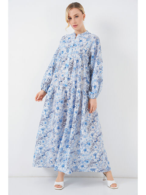 Bigdart Kadın Desenli Tesettür Elbise 2583 - Mavi - S000417793-17234