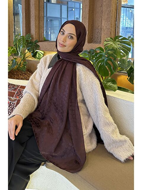 Lamelif Bloom Desen Ayrobin Floş Jakar Şal Koyu Bordo