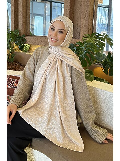 Lamelif Bloom Desen Ayrobin Floş Jakar Şal Bej