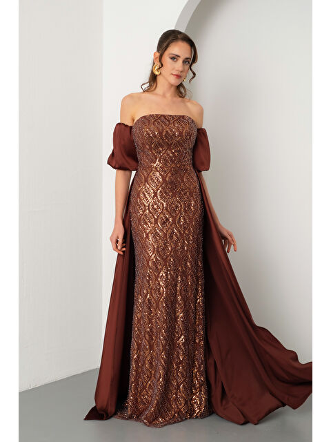Lafaba Kadın Kahverengi Straplez Balon Kol Taşlı Uzun Abiye Elbise - S000491308-19413