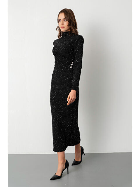Lafaba Kadın Siyah Dik Yaka Taş Aksesuar Detay Midi Davet Elbisesi - S000491307-19351