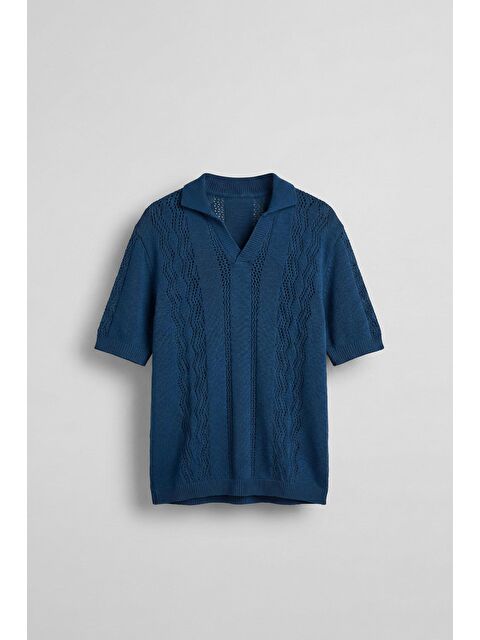 Abluka Online Erkek Oversize Yarım Pat Gömlek Yaka Desenli Örme T-Shirt Saks Mavi - S000203120-19393