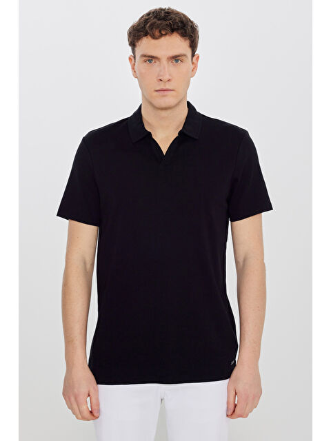 Altınyıldız Classics Erkek Siyah %100 Pamuk Slim Fit Dar Kesim Polo Yaka Tişört
