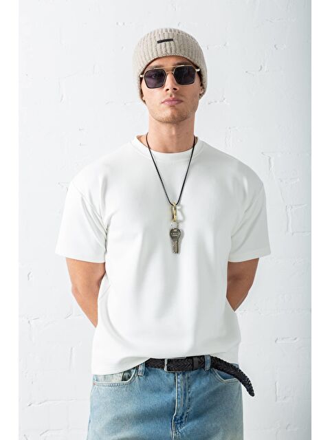 Abluka Online Erkek Dokulu Rahat Tişört Beyaz - S000362433-20063