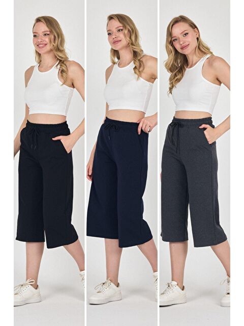 Mmetalic Yüksek Bel Cepli Rahat Kesim Mevsimlik Kadın Diz Altı 3'lü Bermuda Siyah-Lacivert-Antrasit Kapri Şor - S000417794-37189