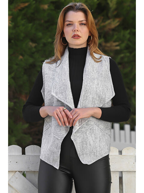 Chiccy Gri Melanj Şal Yaka Kolsuz Kapamasız Casual Keçe Kumaş Dokuma Yelek 65 60 - S000469091-74