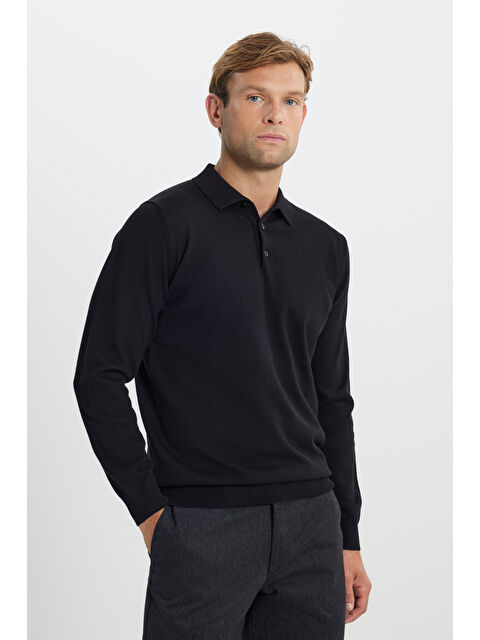 Altınyıldız Classics Erkek Siyah Pamuklu Standart Fit Normal Kesim Polo Yaka Triko Kazak - S000402663-19351