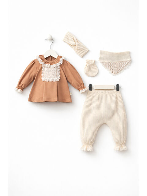 Verona Tarz Kız Bebek Dantelli 5li Hastane Çıkış Seti Naturel Pamuklu - S000503097-17365