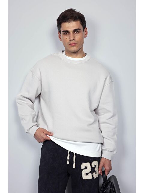 Abluka Online Erkek Oversize Bisiklet Yaka Basic Sweatshirt Gri - S000481734-20600