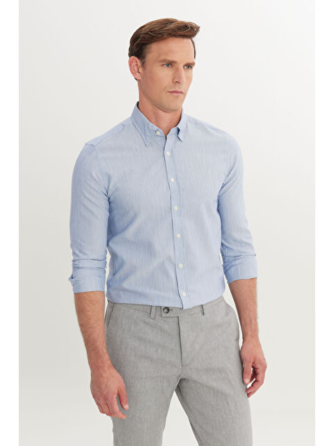 Altınyıldız Classics Erkek Mavi Pamuklu Comfort Fit Rahat Kesim Gizli Düğmeli Yaka Armürlü Gömlek