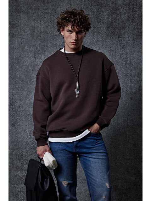 Abluka Online Erkek Oversize Bisiklet Yaka Basic Sweatshirt Kahverengi - S000481734-19413