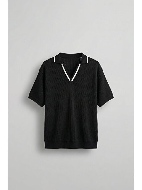 Abluka Online Erkek Yarım Pat V Yaka Desenli Triko T-Shirt Siyah Beyaz - S000170937-37424