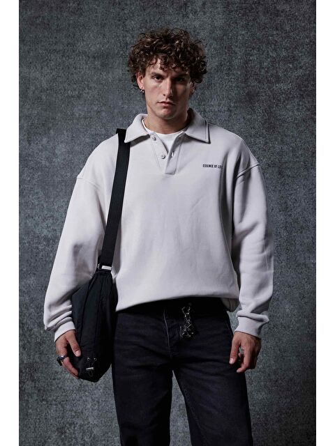 Abluka Online Erkek Oversize Düğmeli Polo Yaka Sweatshirt Gri - S000481736-20600