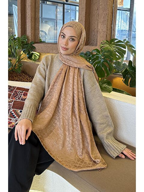 Lamelif Bloom Desen Ayrobin Floş Jakar Şal Camel