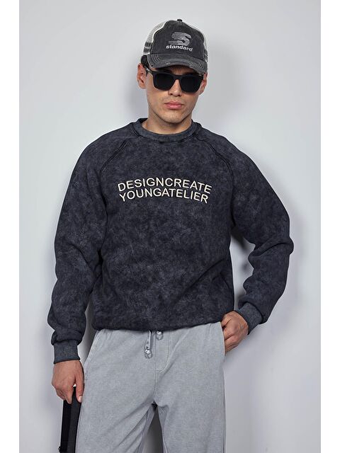 Abluka Online Erkek Oversize Yazı Baskılı Sweatshirt Siyah - S000481737-19351