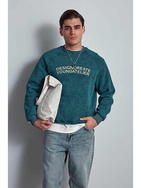Abluka Online Erkek Oversize Yazı Baskılı Sweatshirt Yeşil - S000481737-18194
