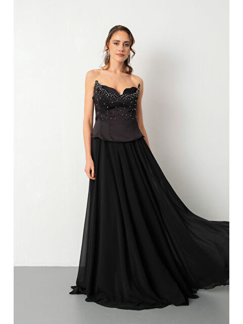Lafaba Kadın Siyah Straplez Yaka Taşlı Peplum Detay Uzun Abiye Elbise - S000491318-19351