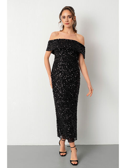 Lafaba Kadın Siyah Madonna Yaka Pul Payet Midi Abiye Elbise - S000491319-19351