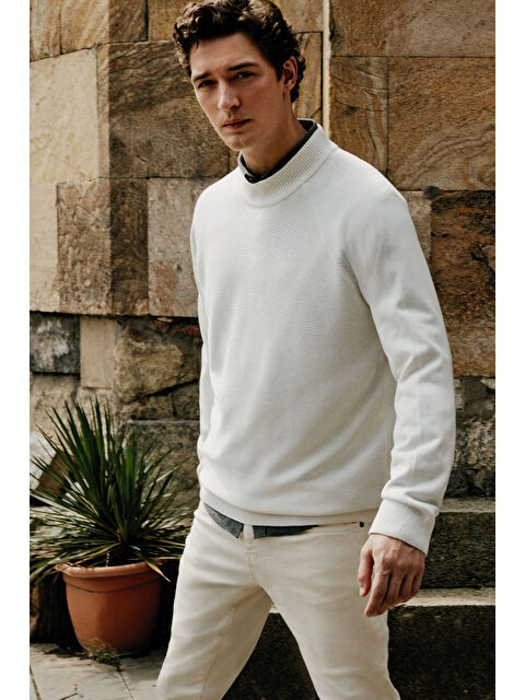 Altınyıldız Classics Erkek Ekru Pamuklu Standart Fit Normal Kesim Yarım Balıkçı Yaka Desenli Triko Kazak - S000402654-19965