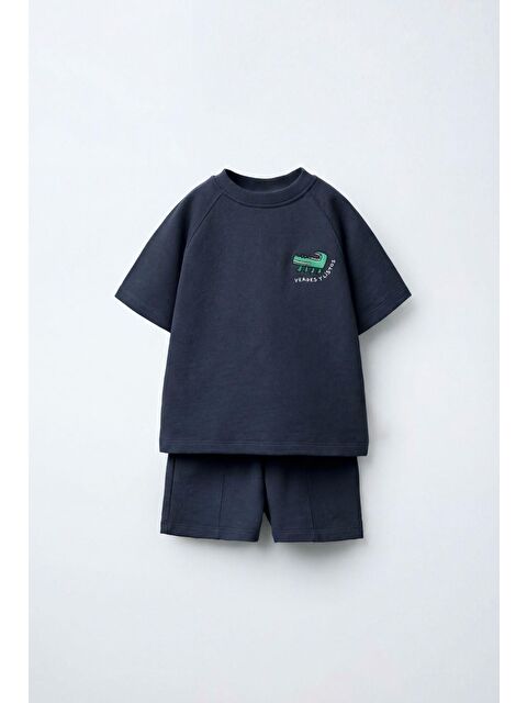 Magu Unisex Çocuk Pamuklu Lacivert Timsah Nakışlı T-Shirt Şort Takım