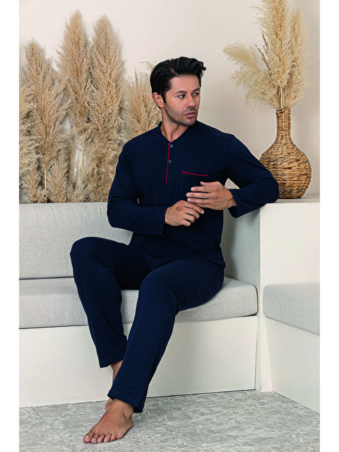 Formo Erkek Lacivert %100 Organik Doğal Pamuk Yüksek Kalite Düğmeli Uzun Kollu Battal Pijama Takımı - S000427655-21164