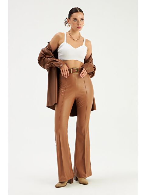 SATEEN İspanyol Paça Deri Pantolon - Kahve - S000323712-19413