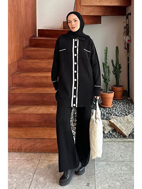 Lamelif Cep Detaylı Garnili Triko Takım Siyah - S000515284-19351