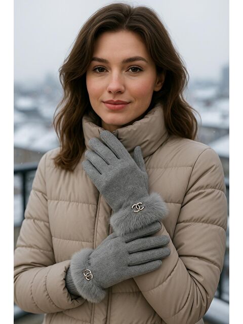 Luminos Butik Kadın Bileği Kürklü Dokunmatik Gri Eldiven ELD29 - S000293801-20600