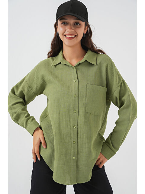 Bigdart Kadın Tek Cepli Oversize Müslin Gömlek 20353 - Çağla - S000421873-5236