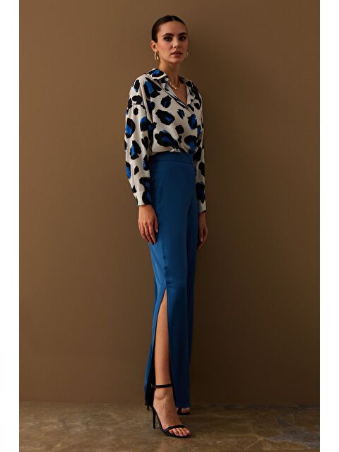 SATEEN Yırtmaç Detaylı Saten Pantolon - İndigo - S000323716-23093