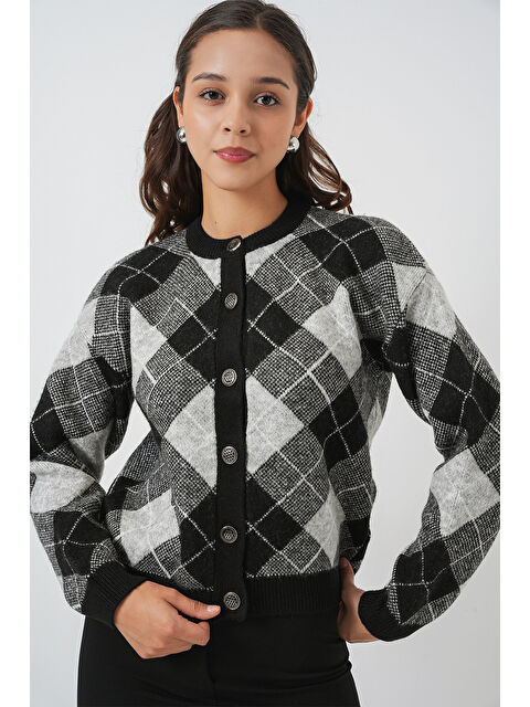 Bigdart Kadın Desenli Düğmeli Triko Hırka 15927 - Siyah - S000421869-19351