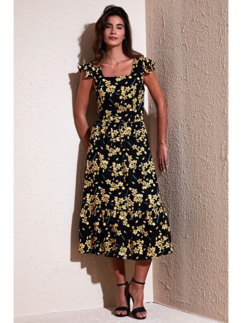Lela Desenli Regular Fit Kare Yaka Volanlı Midi Elbise 611El501 - S000158015-37446