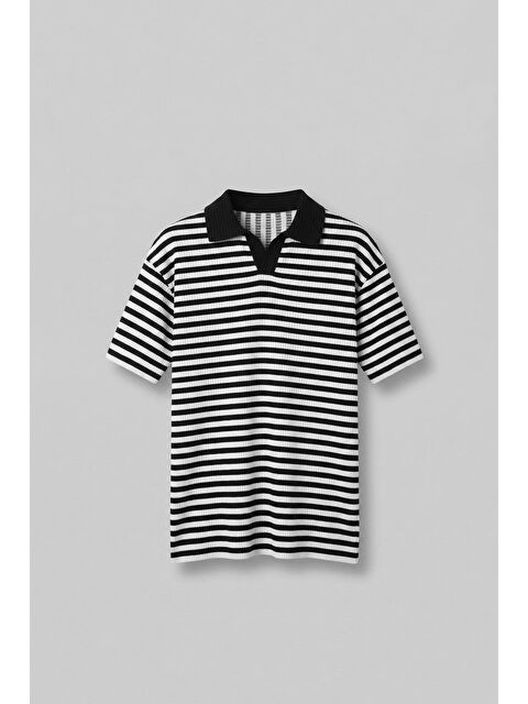 Abluka Online Erkek Oversize Yarım Pat Polo Yaka Çizgili T-Shirt Beyaz - Siyah - S000270885-37246