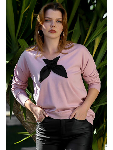 Chiccy Somon Rengi V Yaka Uzun Kol Fiyonk Detaylı Casual Triko Kazak 65 60 - S000469064-24085