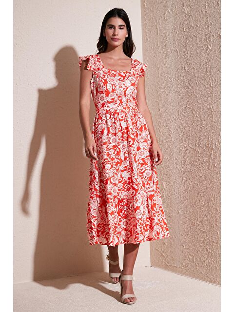 Lela Desenli Regular Fit Kare Yaka Volanlı Midi Elbise 611El501 - S000158015-20013