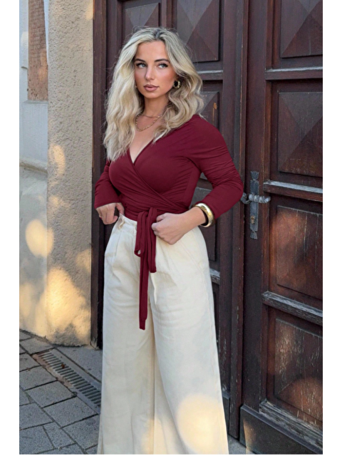 Tarz Cool Kadın Bordo Kruvaze Yaka Uzun Kollu Bağlamalı Slim Fit Bluz - S000505837-19951